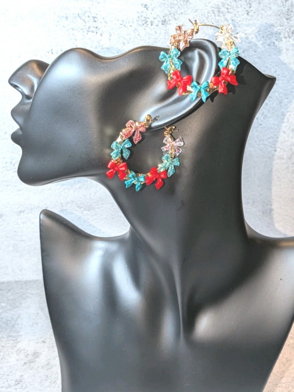Hand Crafted Sparkly Colorful Bow Hoop Earrings - Red & Turquoise Floral Design